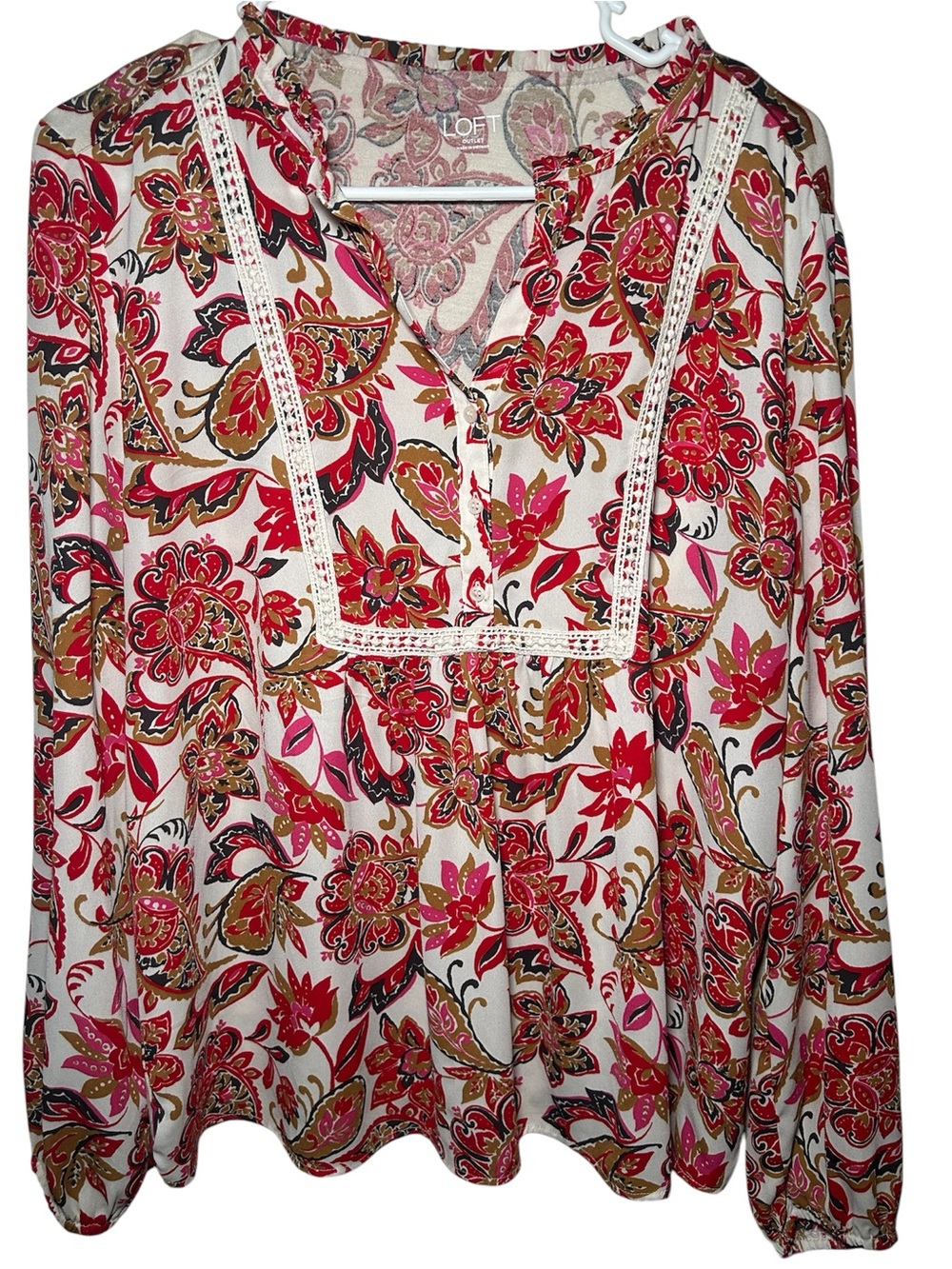 LOFT Women's Cream Paisley Print Long-Sleeve Blouse Hobo Chic Western Country